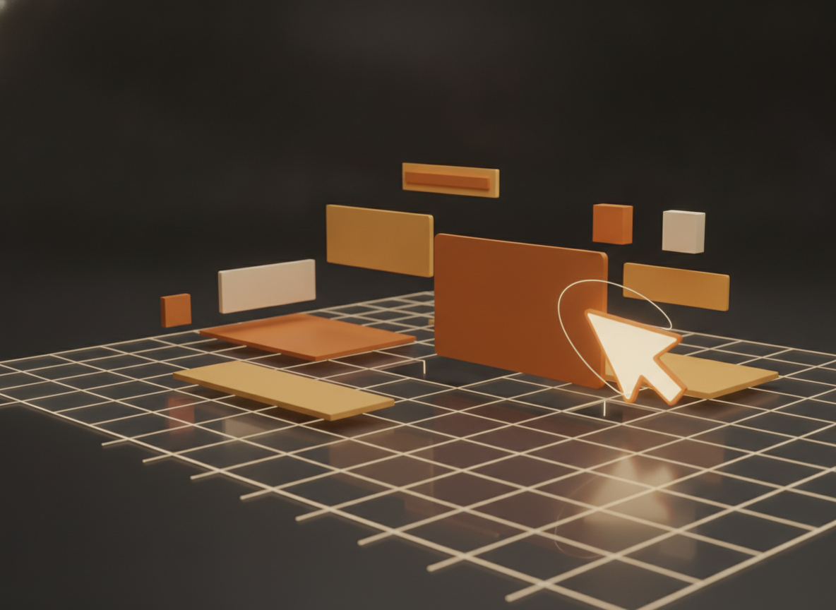 Website Builder — modular blocks assembling into a page layout with a cursor